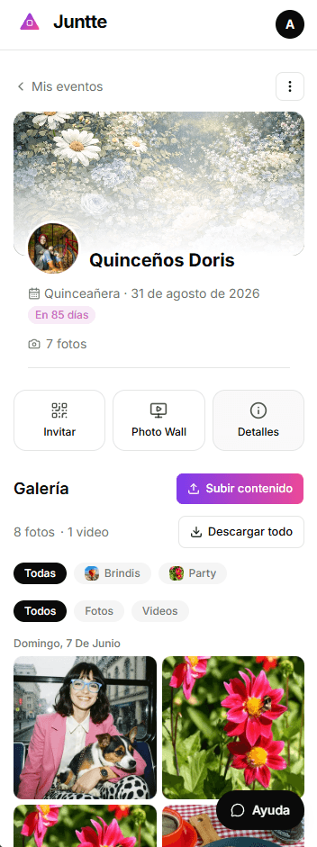 Galería de un evento en Juntte, organizada por carpetas de momentos como Ceremonia y Fiesta