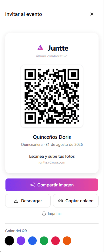 Tarjeta QR del evento lista para compartir, descargar e imprimir